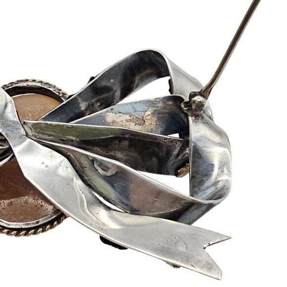 Vintage Hobe? Carved Shell Cameo Ribbon Brooch Sterling Silver 14K GF Tested - Picture 15 of 16